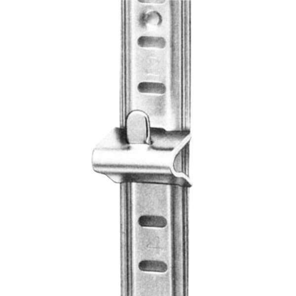 A close-up of a Kason stainless steel shelf pilaster with a metal latch.