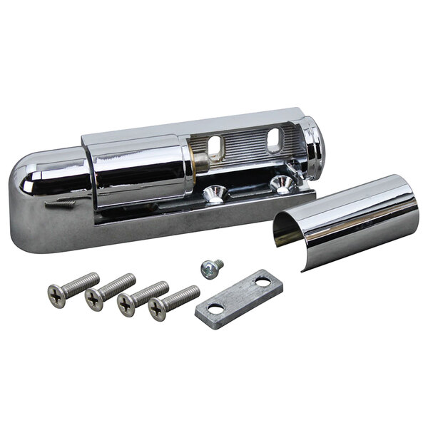 A chrome metal All Points reversible cam lift door hinge with screws and bolts.