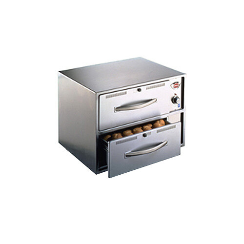 A large stainless steel Wells freestanding drawer warmer with three drawers.