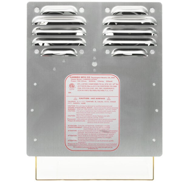 A metal plate with four vents for a Cambro H-Series Ultra Pan Carrier.