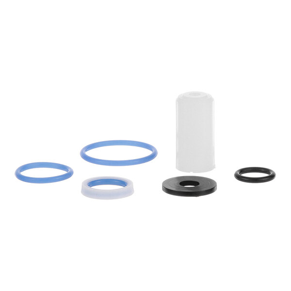 A white rectangular package with a black border containing a blue and white circle and a variety of rubber seals and washers.