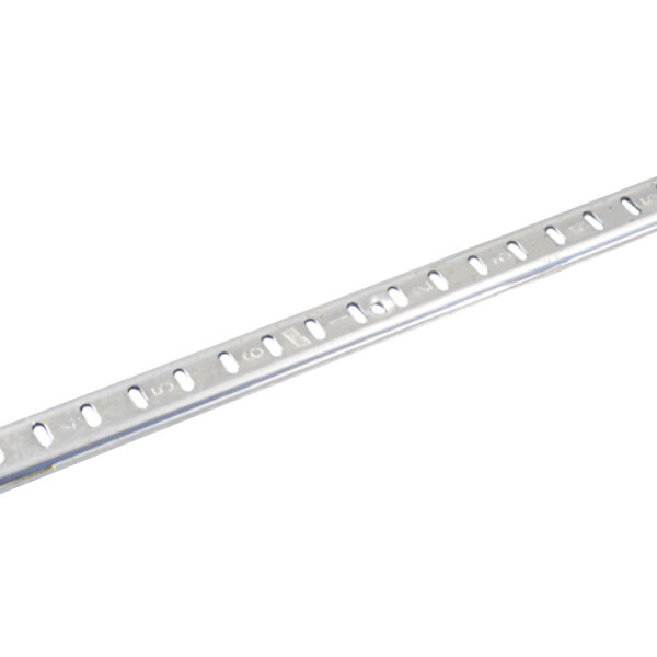 An aluminum Kason standard shelf pilaster with holes along a metal bar.
