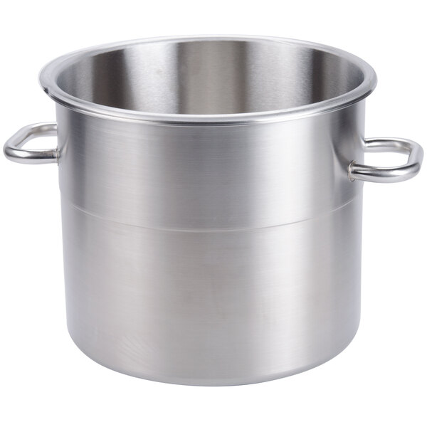 A large silver stainless steel bowl with handles.