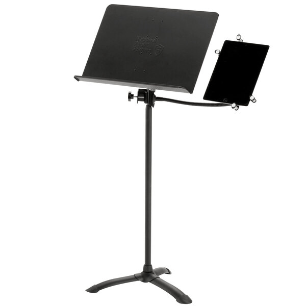 A National Public Seating black tablet holder arm on a music stand.