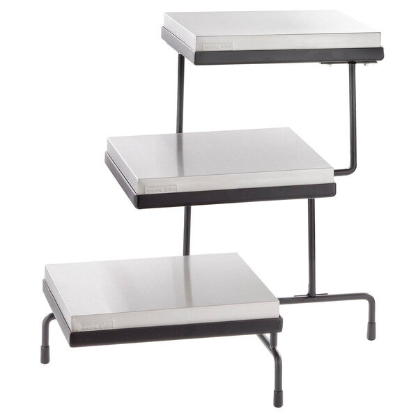 A Tablecraft three tiered metal display stand with cooling plates on each shelf.