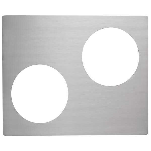 A silver rectangular Vollrath stainless steel adapter plate with white circles.
