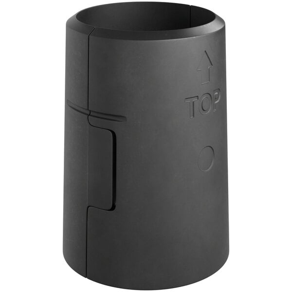 A black cylindrical plastic object with a handle.