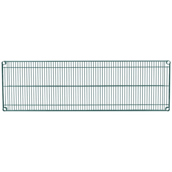 A green wire mesh shelf on a white background.