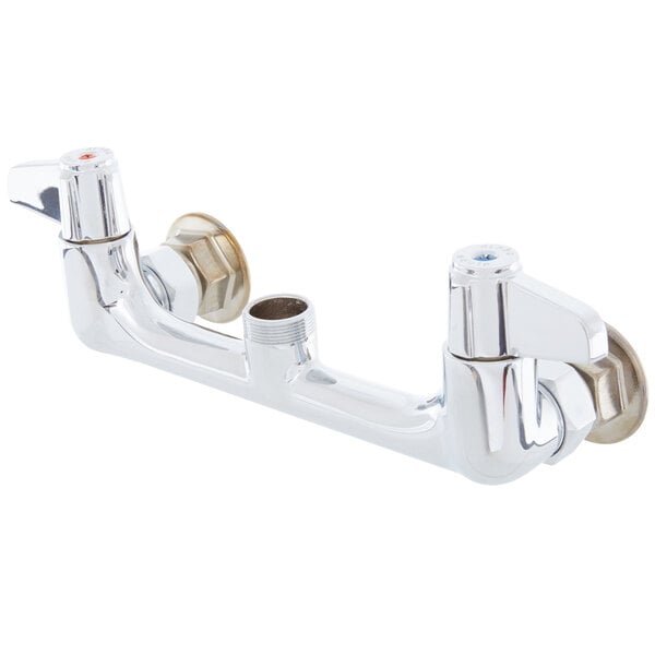 A chrome Equip by T&S wall mount faucet base with swivel connections and two handles.