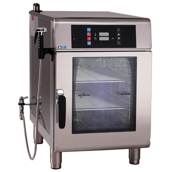 An Alto-Shaam Combitherm CT Express electric combination oven with a glass door and stainless steel racks.