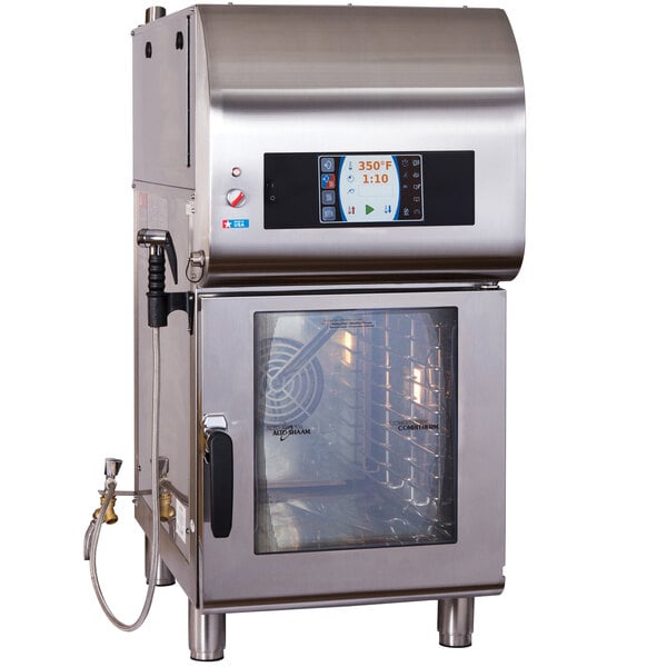 An Alto-Shaam stainless steel commercial oven with a glass door and digital display.