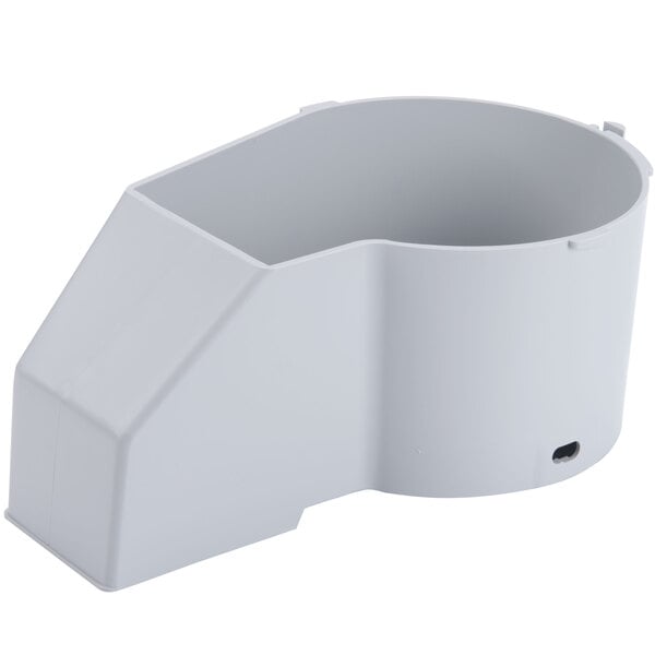 A white plastic lid with a hole for a Robot Coupe Continuous Feed Attachment.