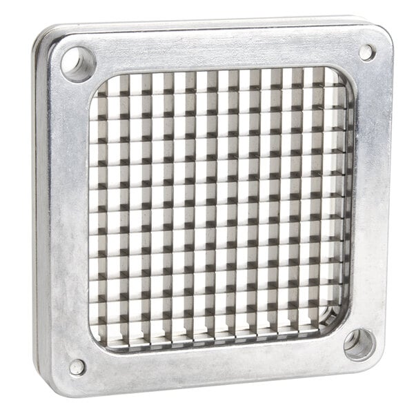 A metal square blade with holes in it.