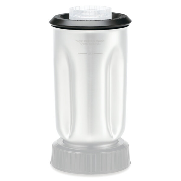 A silver blender with a black lid.
