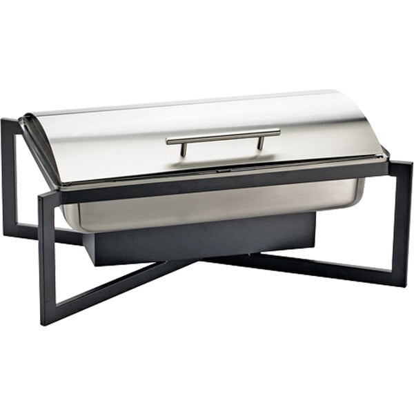 A black rectangular Cal-Mil chafer with a roll top lid on a table.