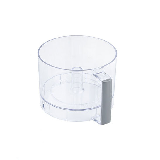 A clear plastic Waring batch bowl with a handle.