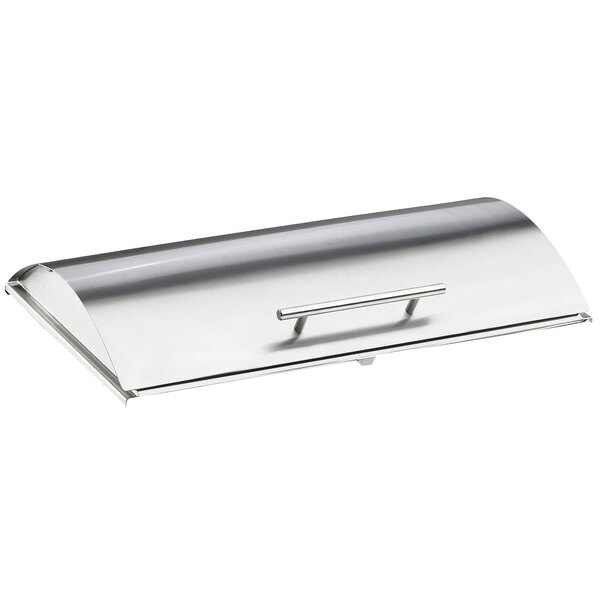 A silver rectangular stainless steel lid with a handle.