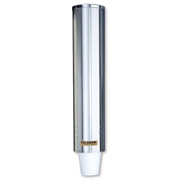 A San Jamar stainless steel foam cup dispenser tube with a white cap.