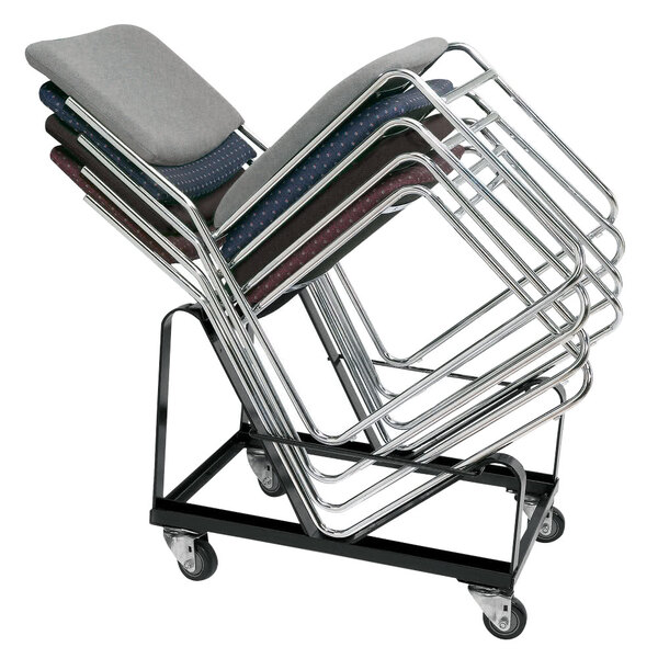 A stack of National Public Seating chairs on a cart.