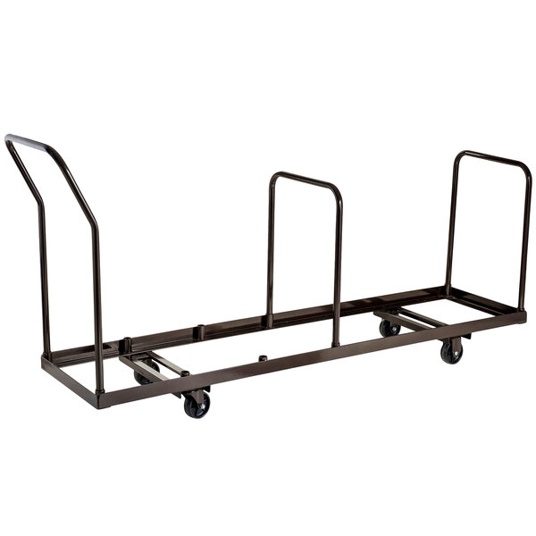 A black metal National Public Seating folding chair dolly with three wheels.