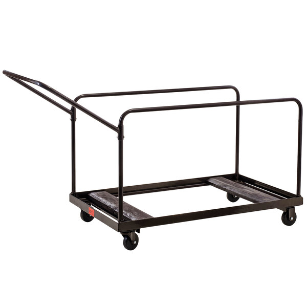 A black metal National Public Seating table dolly with wheels.