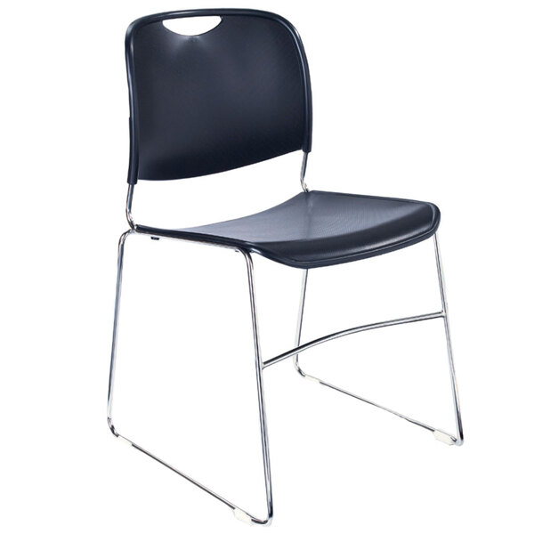 A navy blue National Public Seating stackable plastic chair with chrome legs.
