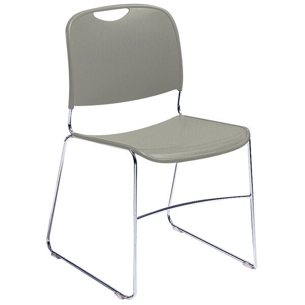 A National Public Seating stackable plastic chair with a gray seat and chrome legs.