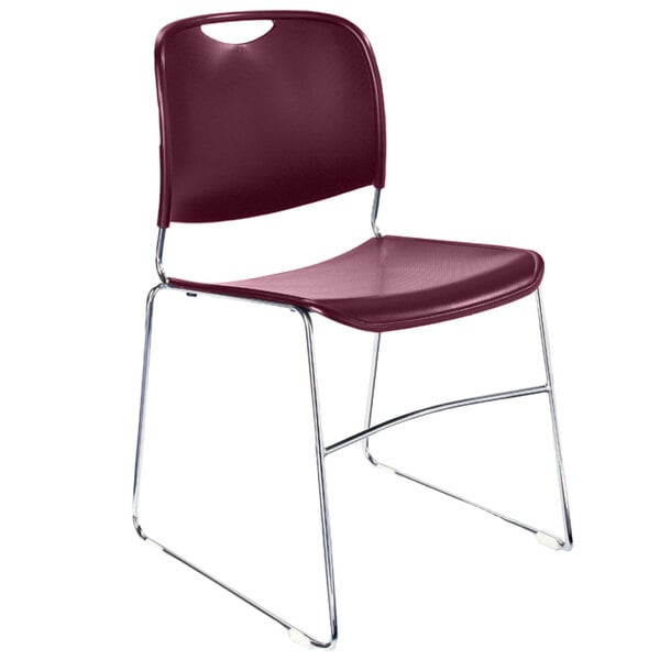 A wine red National Public Seating stack chair with chrome legs.