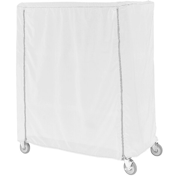 A white rectangular fabric cover with Velcro for a Metro cart with wheels.