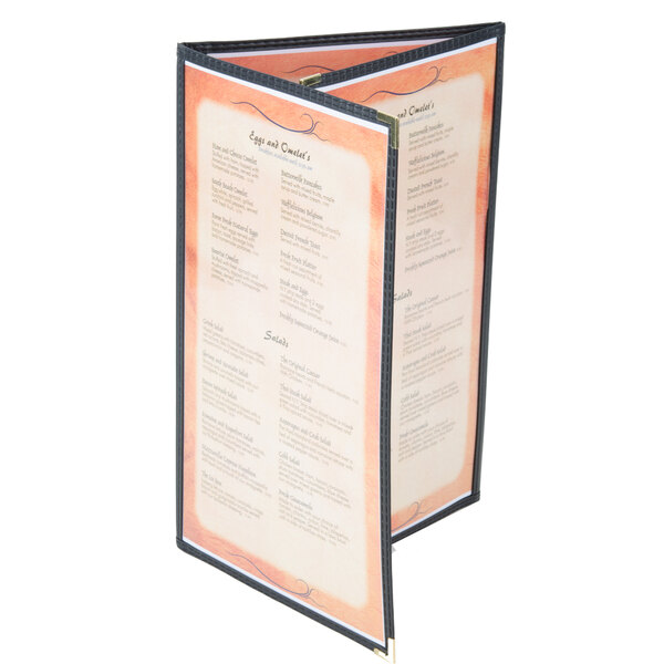 A black Menu Solutions triple panel folding menu jacket with a white background.