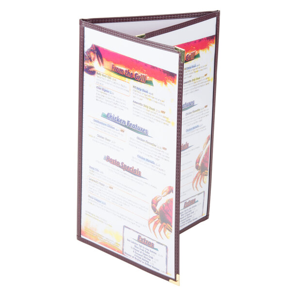 A burgundy triple panel folding menu jacket with a red frame.