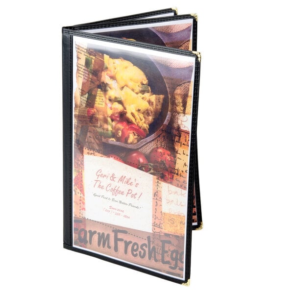 A black triple panel booklet menu jacket with a picture of food on the cover.