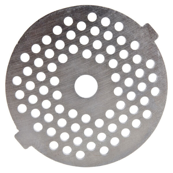 A white circular metal Galaxy grinding plate with holes.