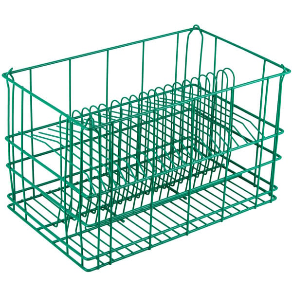 A green metal rack with several racks for plates.