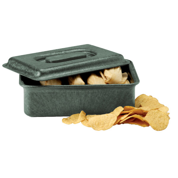 A plastic HS Inc. tortilla server with a lid open containing chips.