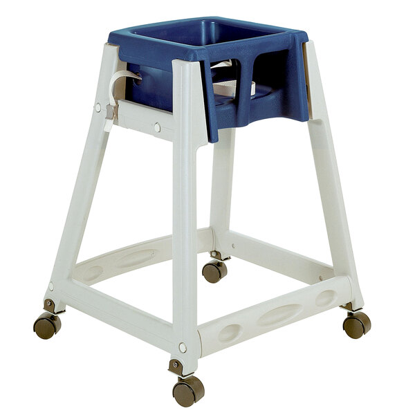 A Koala Kare grey plastic high chair with blue seat and casters.