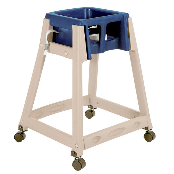 A beige Koala Kare high chair with blue seat and casters.