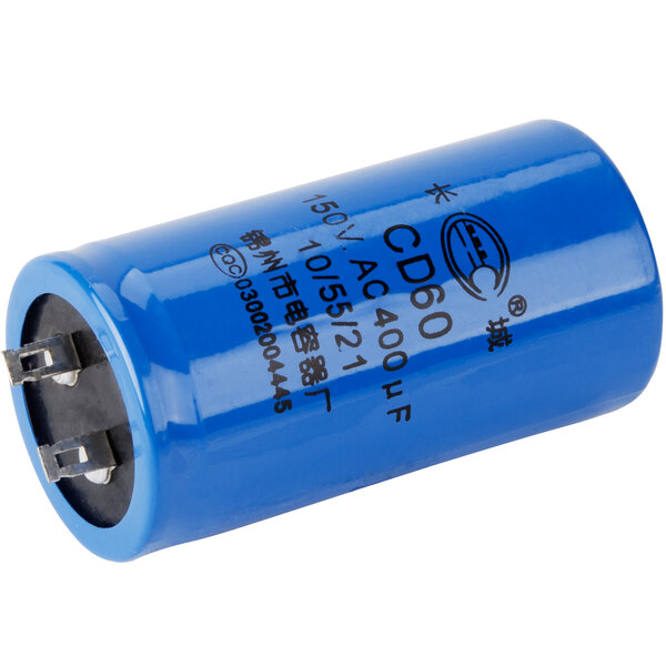 A blue capacitor with a black cap.