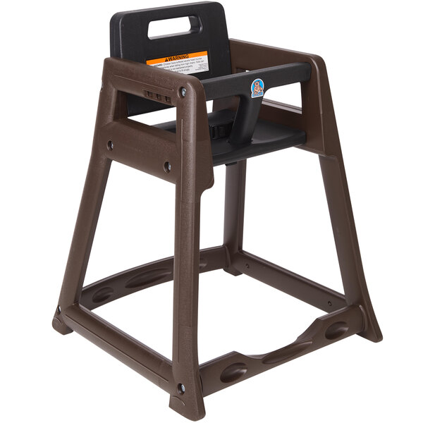 A brown highchair with a black seat.