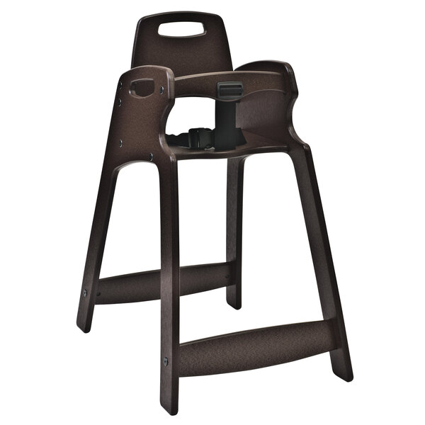 A dark brown Koala Kare high chair with a seat and back.