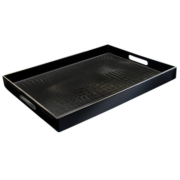 A black rectangular Jay Companies room service tray with handles.
