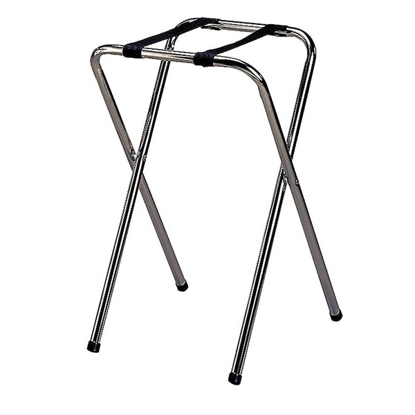 A chrome-plated metal Tablecraft tray stand with two legs.