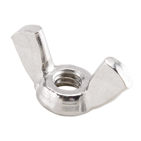 A close up of a stainless steel wing nut with a metal handle.