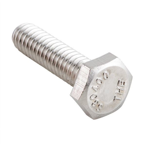 A close-up of a stainless steel hex head screw for a Nemco vegetable prep unit.