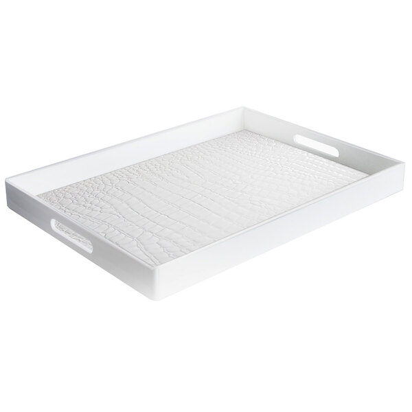 A white rectangular polypropylene tray with crocodile patterned handles.
