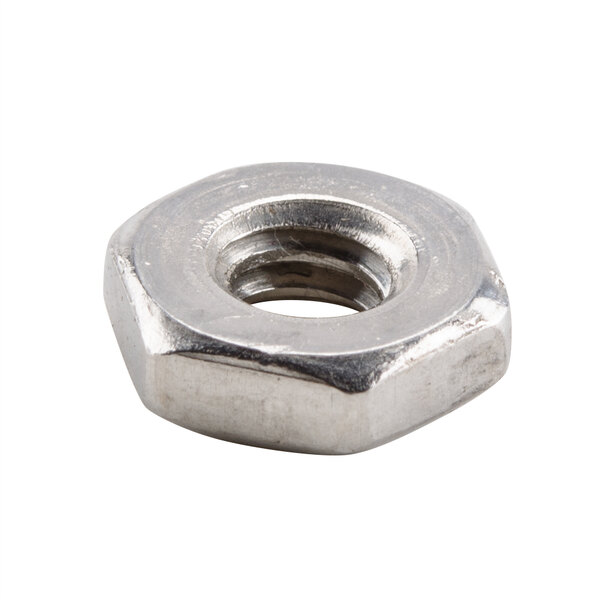 A close-up of a stainless steel hex nut.