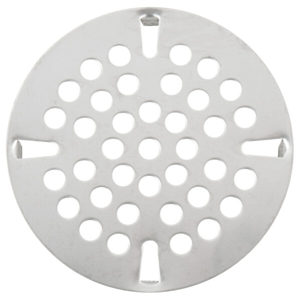 A circular metal strainer with holes in it.