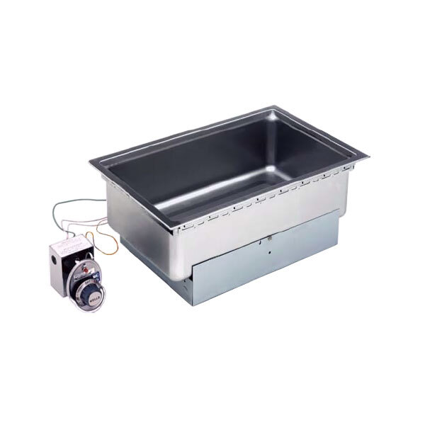 A Wells bottom mount drop-in rectangular food well with thermostatic controls above a metal sink.