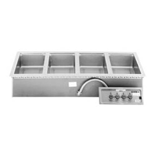 A stainless steel drop-in hot food well with four sections on a counter.