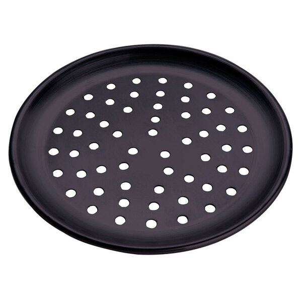 An American Metalcraft 10" round black hard coat anodized aluminum pizza pan with holes.